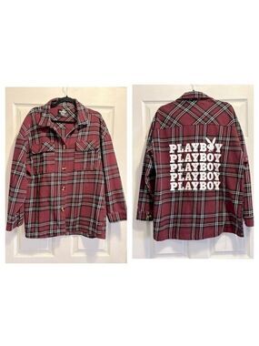 PLAYBOY Flannel Long Sleeve Button Up Shirt Burgundy Black White Plaid Sz Medium
